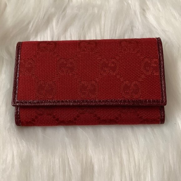 GUCCI Signature Red Canvas Leather Trifold Key Ring Wallet - Picture 2 of 5